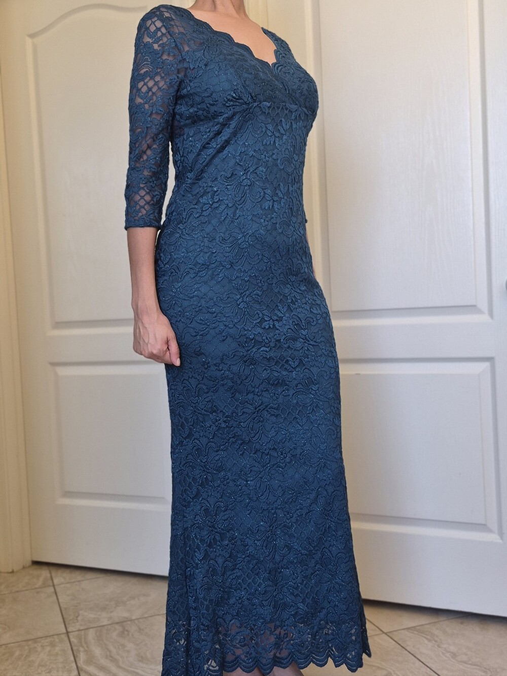 Lace w/Sparkle Detail Wrap Top,Lace Sleeves Empire Waist Maxi Evening Grown Sz L